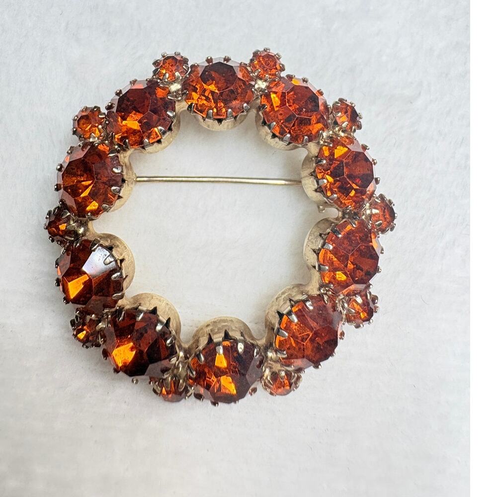 Vintage Amber Rhinestone Circle Brooch ,1950s–60s Gold Tone Mid‑Century Pin